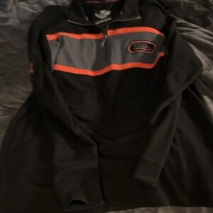 Men's Black and Gray Harley Davidson Sweater with Orange Accents